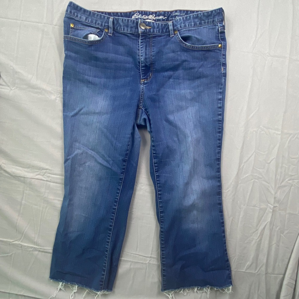 Eddie Bauer Curvy Bootcut Jeans Womens 16 Blue‎ Distressed Raw Hem Stretch